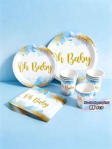 Gold & Blue Baby Disposable Plates, Napkins And Cups Set, Serves 20 Guests. This Disposable Party Set (Including Plates, Napkins And Cups) Is Perfect For Birthday Parties, Weddings And Family Picnics. - View 1