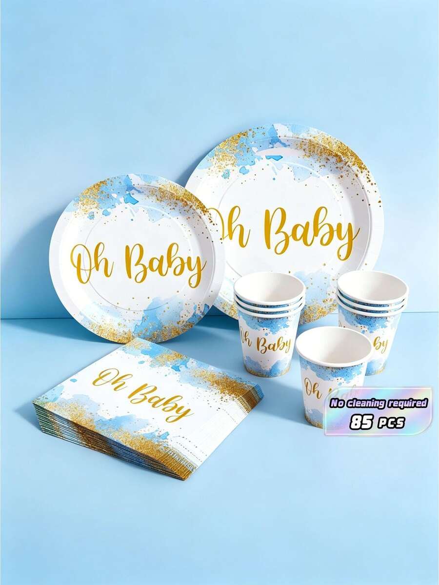 Gold & Blue Baby Disposable Plates, Napkins And Cups Set, Serves 20 Guests. This Disposable Party Set (Including Plates, Napkins And Cups) Is Perfect For Birthday Parties, Weddings And Family Picnics. - View 1