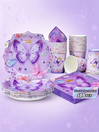 Purple Butterfly Crown Petal-Shaped Disposable Plates, Napkins, And Cups, Party Supplies Featuring Purple Butterfly Crown Petal-Shaped Plates, Napkins, And Cups, Suitable For 25 Guests. Disposable Paper Plates And Party Tableware Perfect For Birthday Parties And Family Picnics