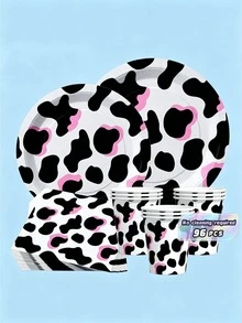 Pink Cow Print Disposable Plates, Napkins And Cups, Party Supplies Set, Serves 24 People, Disposable Paper Party Tableware, Suitable For Birthdays, Weddings, Theme Parties, Family Picnics. - View 1