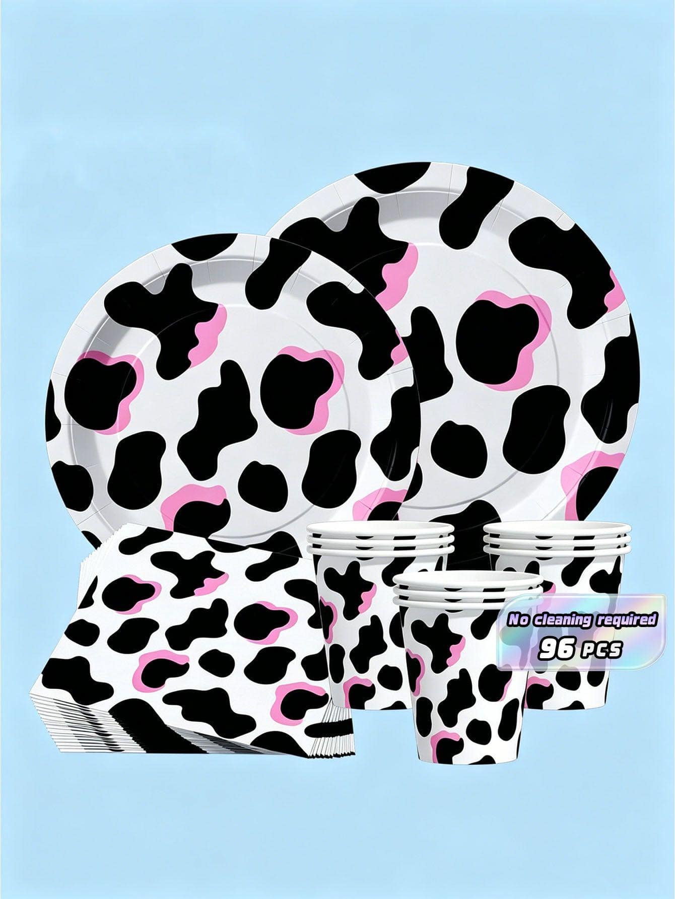 Pink Cow Print Disposable Plates, Napkins And Cups, Party Supplies Set, Serves 24 People, Disposable Paper Party Tableware, Suitable For Birthdays, Weddings, Theme Parties, Family Picnics. - View 1