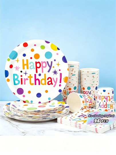Colorful Polka Dots Happy Birthday Disposable Plates, Napkins And Paper Cups Party Set, Serves 24 Guests. This Disposable Paper Party Tableware Is Suitable For Birthdays, Weddings, Themed Parties And Family Picnics.