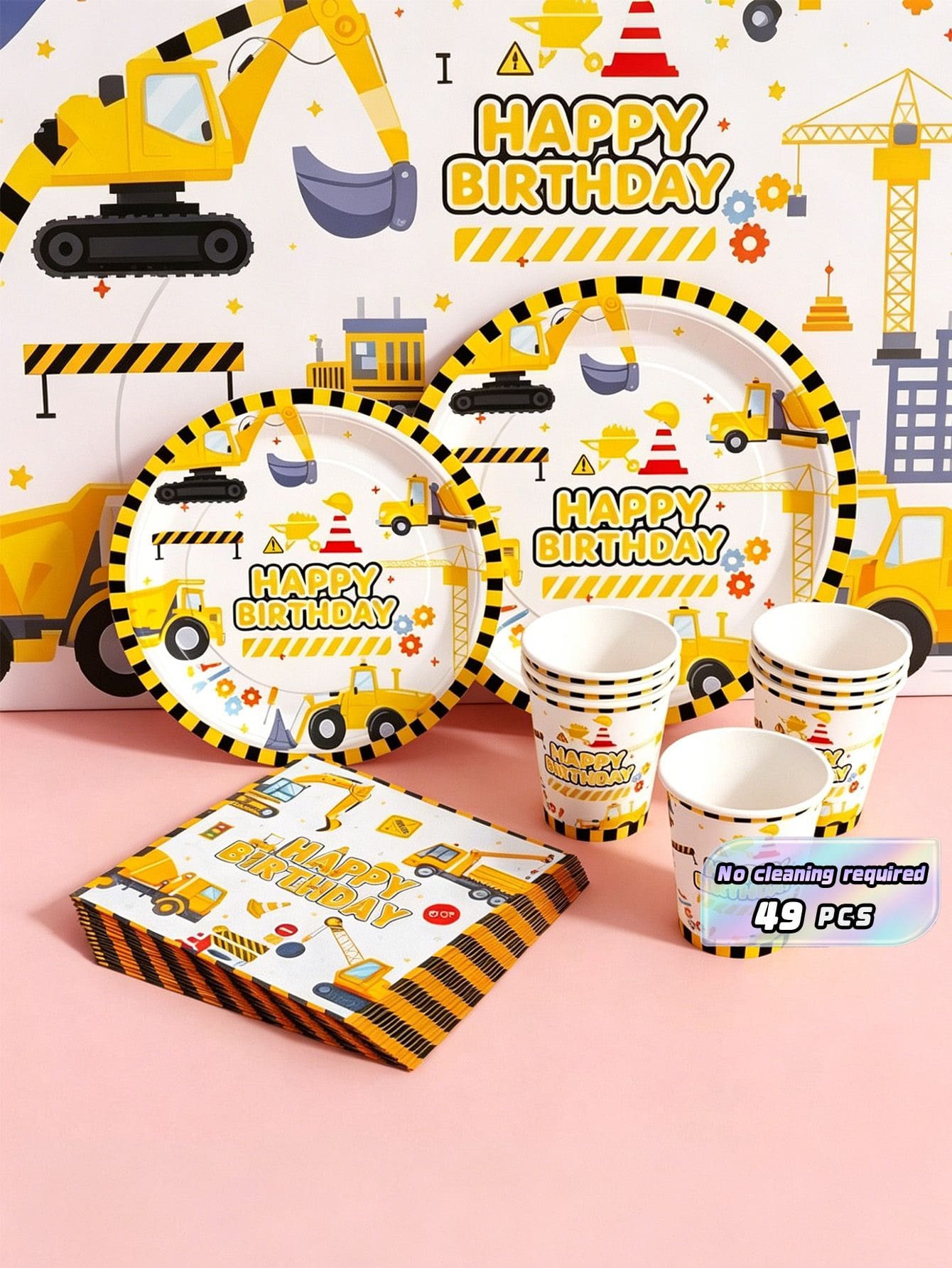 Excavator Happy Birthday Disposable Plates, Napkins And Cups Set, Serves 20 Guests. This Disposable Party Set (Including Plates, Napkins And Cups) Is Perfect For Birthday Parties, Weddings And Family Picnics. - View 1
