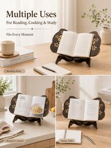 Cirelle 1Pc Foldable Floral Engraved Wooden Book Stand, Adjustable Desktop Book Holder 4 Colors For Cookbook Textbook, Home Office Decor Gift(Due To Natural Wood Material, Color Varies Slightly For Each Piece. Please Refer To The Actual Product) - Multicolor - View 11