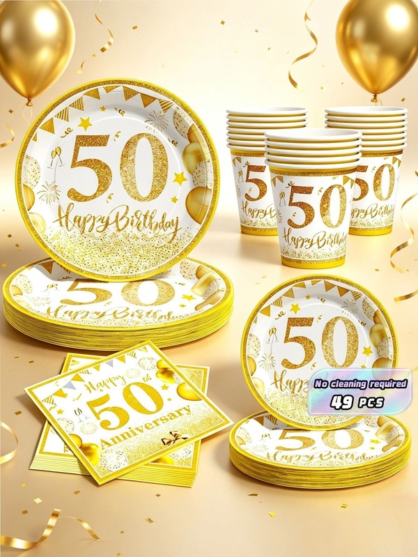 Gold Balloons 50th Anniversary Disposable Plates, Napkins And Cups Set, Serves 8 Guests. This Disposable Party Supplies Set (Including Plates, Napkins And Cups) Is Perfect For Birthday Parties, Weddings And Family Picnics.