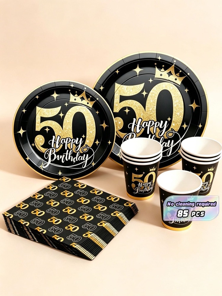 50周年黑色金点生日快乐一次性餐盘、餐巾纸和杯子套装，可供20位客人使用。这款一次性派对套装（包括餐盘、餐巾纸和杯子）非常适合生日派对、婚礼和家庭野餐。 - 查看 1