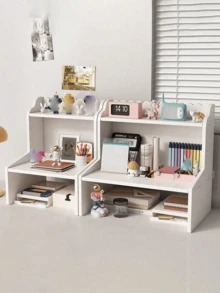 1 Pc Wood Plastic Sturdy Vertical White Desktop Shelf Organizer For Bedroom Living Room Office Study Books Stationery Figures Computer Storage Rack - White - View 3