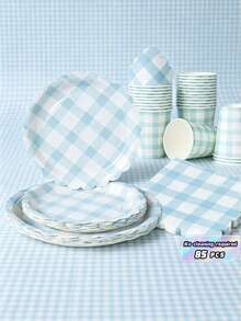 100 Pieces Of Light Blue Checkered Paper Plates And Napkins For Party Supplies, 7/9-Inch Disposable Paper Plates In Light Pink And White Checkered Design, Fan-Shaped Checkered Plates, Paper Cups, And Paper Towels, Suitable For Birthday Dinners, Picnics, Barbecues, And Parties - Multicolor - View 1