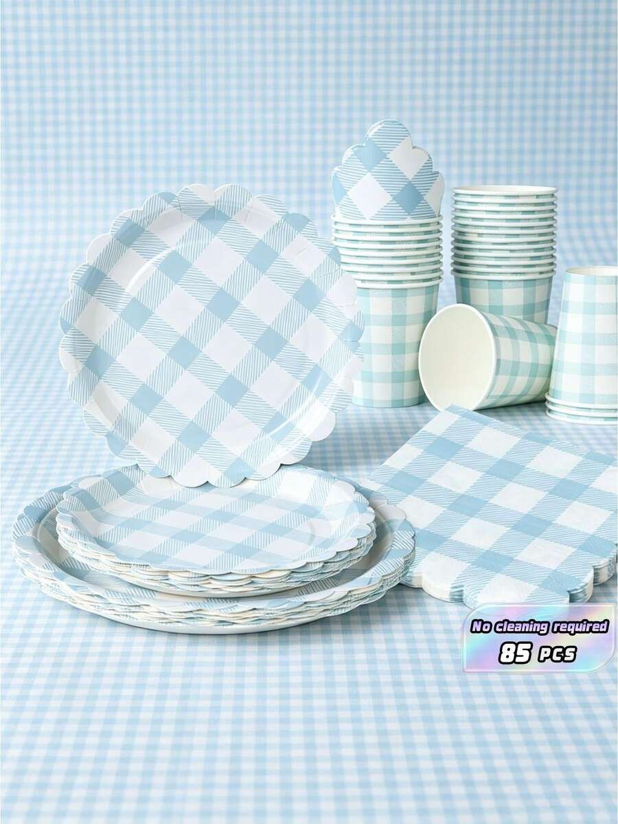 100 Pieces Of Light Blue Checkered Paper Plates And Napkins For Party Supplies, 7/9-Inch Disposable Paper Plates In Light Pink And White Checkered Design, Fan-Shaped Checkered Plates, Paper Cups, And Paper Towels, Suitable For Birthday Dinners, Picnics, Barbecues, And Parties - Multicolor - View 1