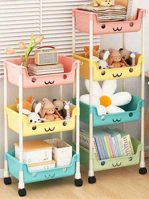 1PC Small Push Cart Style Macaron Storage Rack, Durable Household Bedroom Floor Standing Multi-Tier Shelf, Plastic Macaron Multi-Layer Storage Rack With Wheels, Movable Storage Rack, Cartoon Storage Rack