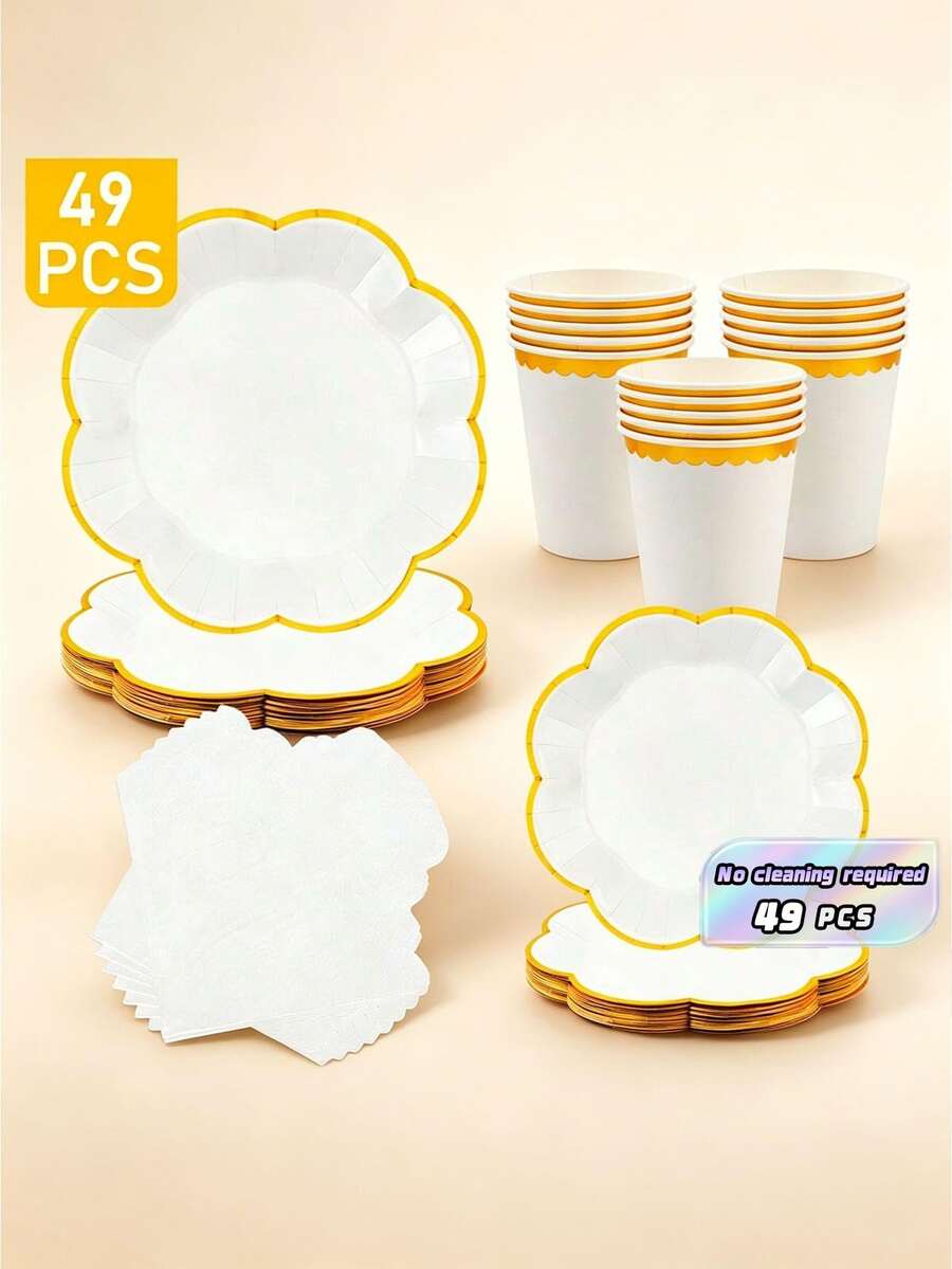 Bộ đồ dùng dùng một lần gồm đĩa giấy hình bát giác màu trắng tinh, viền nhũ vàng, dành cho 8 người. Bộ đồ dùng tiệc dùng một lần này, bao gồm đĩa, khăn ăn và cốc, rất phù hợp cho các bữa tiệc sinh nhật, đám cưới và dã ngoại gia đình. - Xem 1