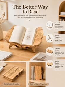 Cirelle 1Pc Foldable Floral Engraved Wooden Book Stand, Adjustable Desktop Book Holder 4 Colors For Cookbook Textbook, Home Office Decor Gift(Due To Natural Wood Material, Color Varies Slightly For Each Piece. Please Refer To The Actual Product) - Multicolor - View 12