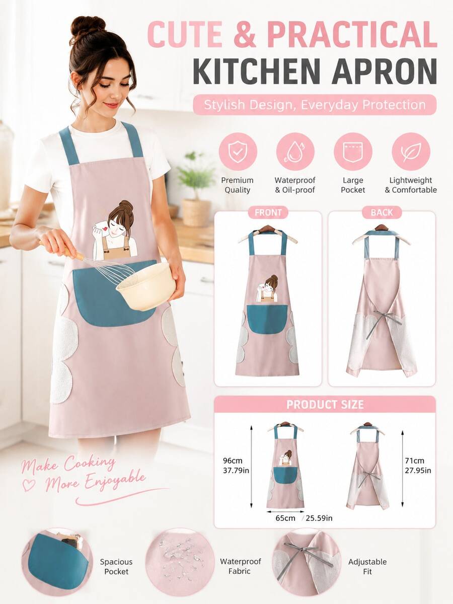1pc Kitchen Apron,Oil-Proof And Water-Proof,Cooking Apron With Pockets,Easy To Clean(Pink),Kitchen,Bathroom,Home,Household Supplies Christmas For Holiday Gift Giving - Pink - View 1