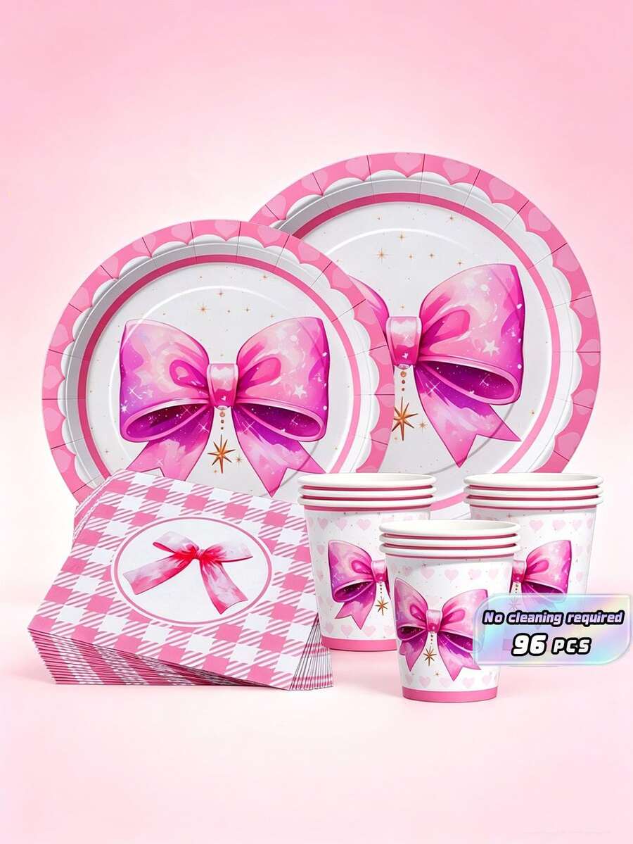 Pink Bow Disposable Plates, Napkins And Cups, Party Supplies Set, Serves 24 People, Disposable Paper Party Tableware, Suitable For Birthdays, Weddings, Themed Parties And Family Picnics. - View 1