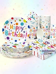 Colorful Polka Dot Disposable Plates, Napkins, And Cups For A Happy Birthday, Birthday-Themed Plates, Napkins, And Paper Cups For Party Supplies, Suitable For 25 Guests. Disposable Paper Plates And Party Tableware Are Perfect For Birthday Weddings, Family Picnics, And Other Parties - Multicolor - View 1