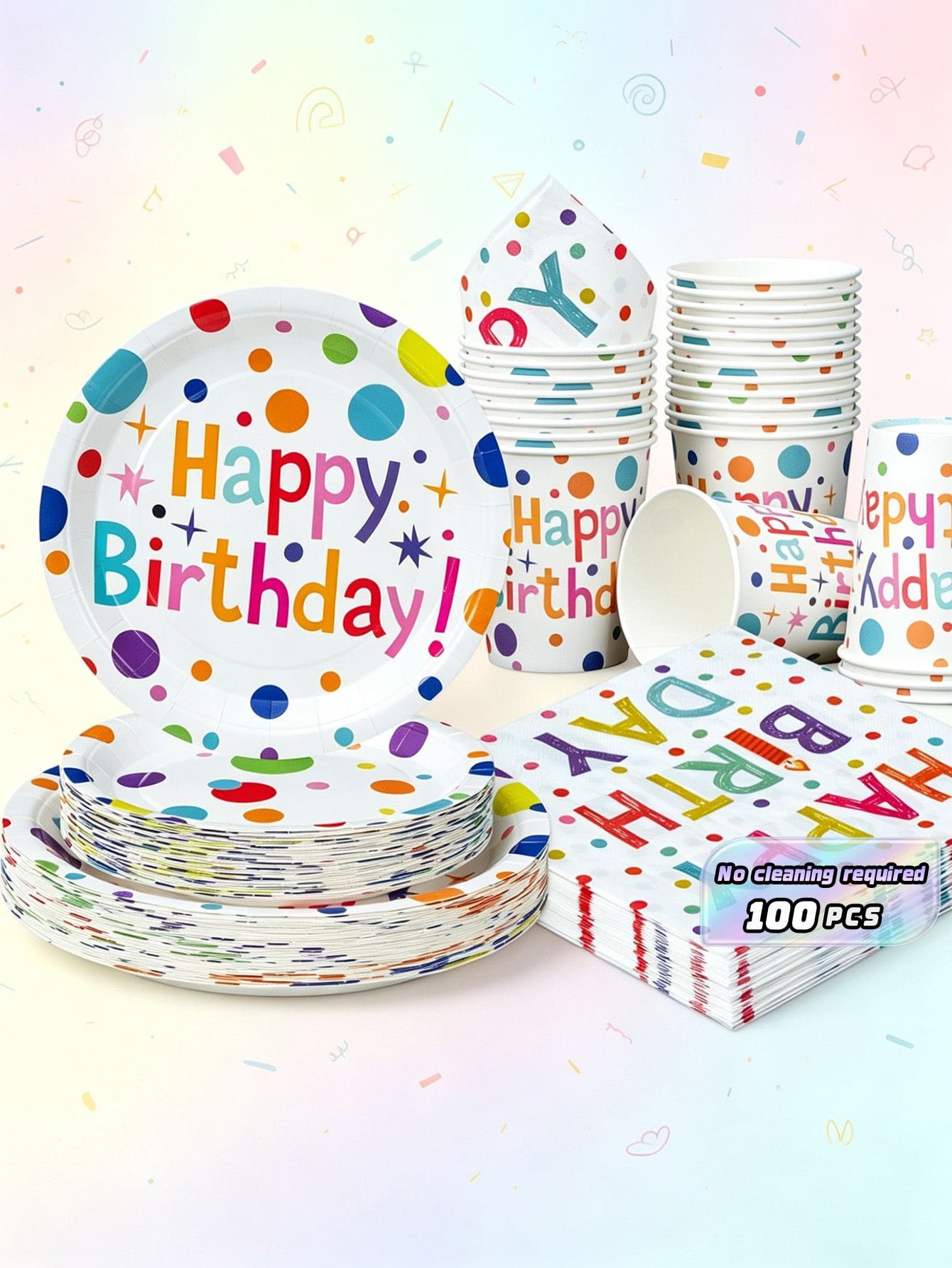 Colorful Polka Dot Disposable Plates, Napkins, And Cups For A Happy Birthday, Birthday-Themed Plates, Napkins, And Paper Cups For Party Supplies, Suitable For 25 Guests. Disposable Paper Plates And Party Tableware Are Perfect For Birthday Weddings, Family Picnics, And Other Parties - Multicolor - View 1