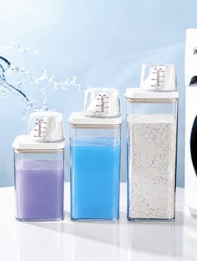 1 pieza Contenedor de almacenamiento multifuncional de plástico transparente y a prueba de fugas para detergente de lavandería, con tapa, taza medidora y caja de almacenamiento de botellas de viaje, para dormitorio, campamento, viaje y uso doméstico