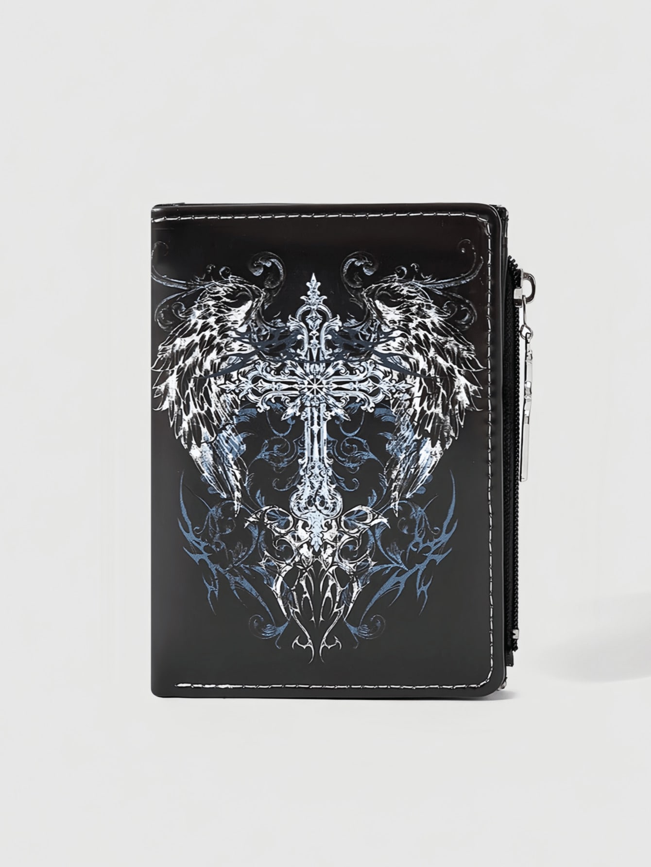 Y2K Gothic Wings And Cross Black Wallet - Garbage Punk Creative Design Pattern Fashion Casual Faux Leather Card Bag With Cross Pendant, Suitable For Teens, Daily Use