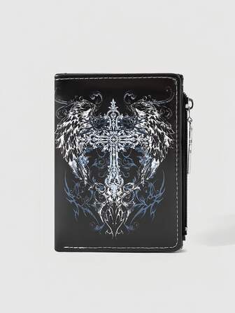 Goth Cartera negra con alas y cruz estilo gótico Y2K - Diseño de patrón creativo de estilo punk basura, de cuero sintético con colgante de cruz, adecuado para adolescentes, uso diario