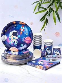 Conjunto de Pratos, Guardanapos e Copos de Papel Descartáveis Tema Astronauta e Estrela, Serve 24 Convidados. Esta Louça de Papel Descartável é Adequada para Aniversários, Casamentos, Festas Temáticas e Piqueniques Familiares. - Visão 1