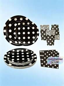 Black Background White Polka Dot Disposable Dining Plate Napkins Paper Cups, Disposable Party Supplies Set, Suitable For 16 Guests, Suitable For Birthdays, Weddings, Theme Parties, Family Picnics, Disposable Dining Plate Party Utensils - View 1