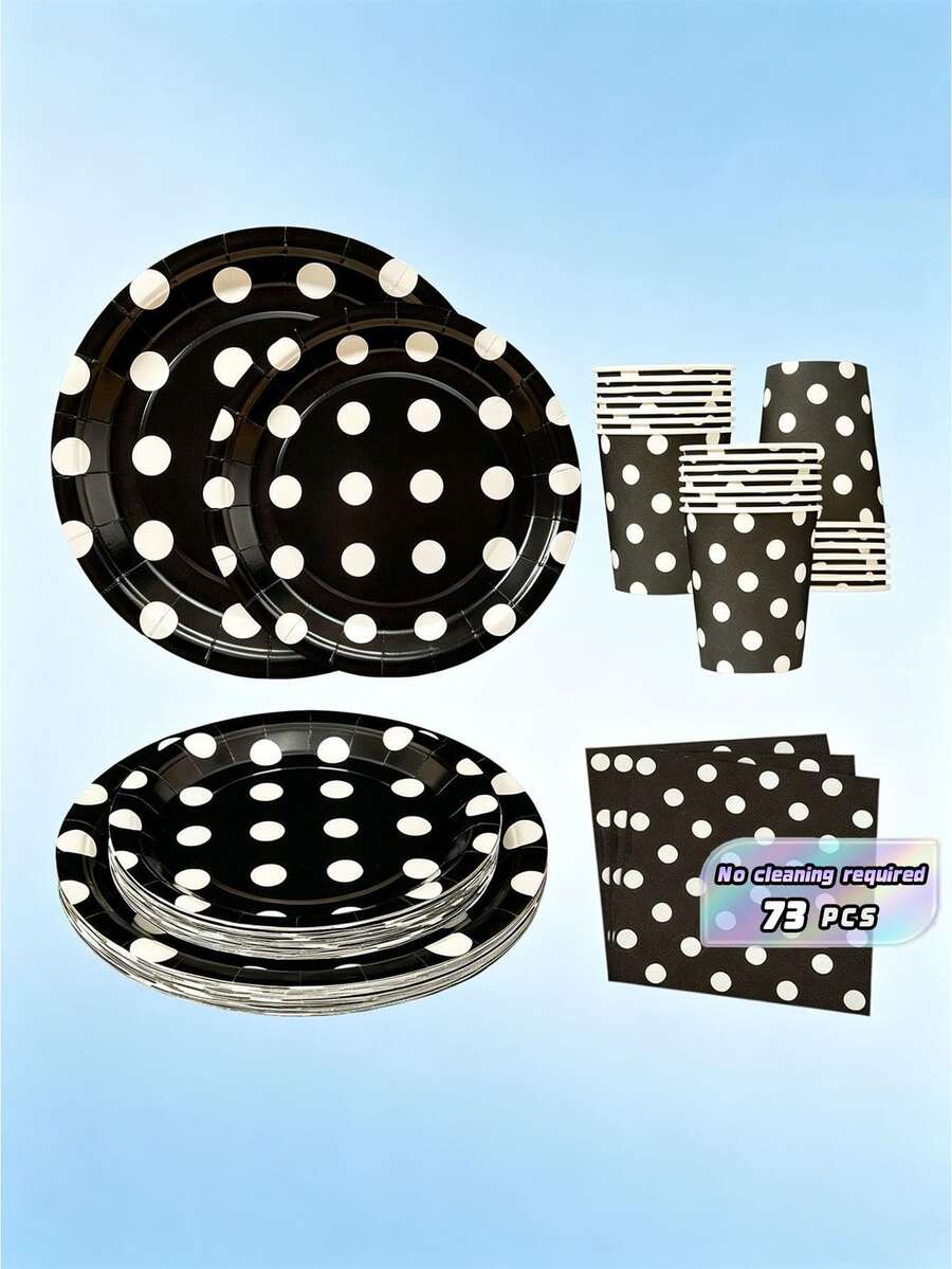 Black Background White Polka Dot Disposable Dining Plate Napkins Paper Cups, Disposable Party Supplies Set, Suitable For 16 Guests, Suitable For Birthdays, Weddings, Theme Parties, Family Picnics, Disposable Dining Plate Party Utensils - View 1