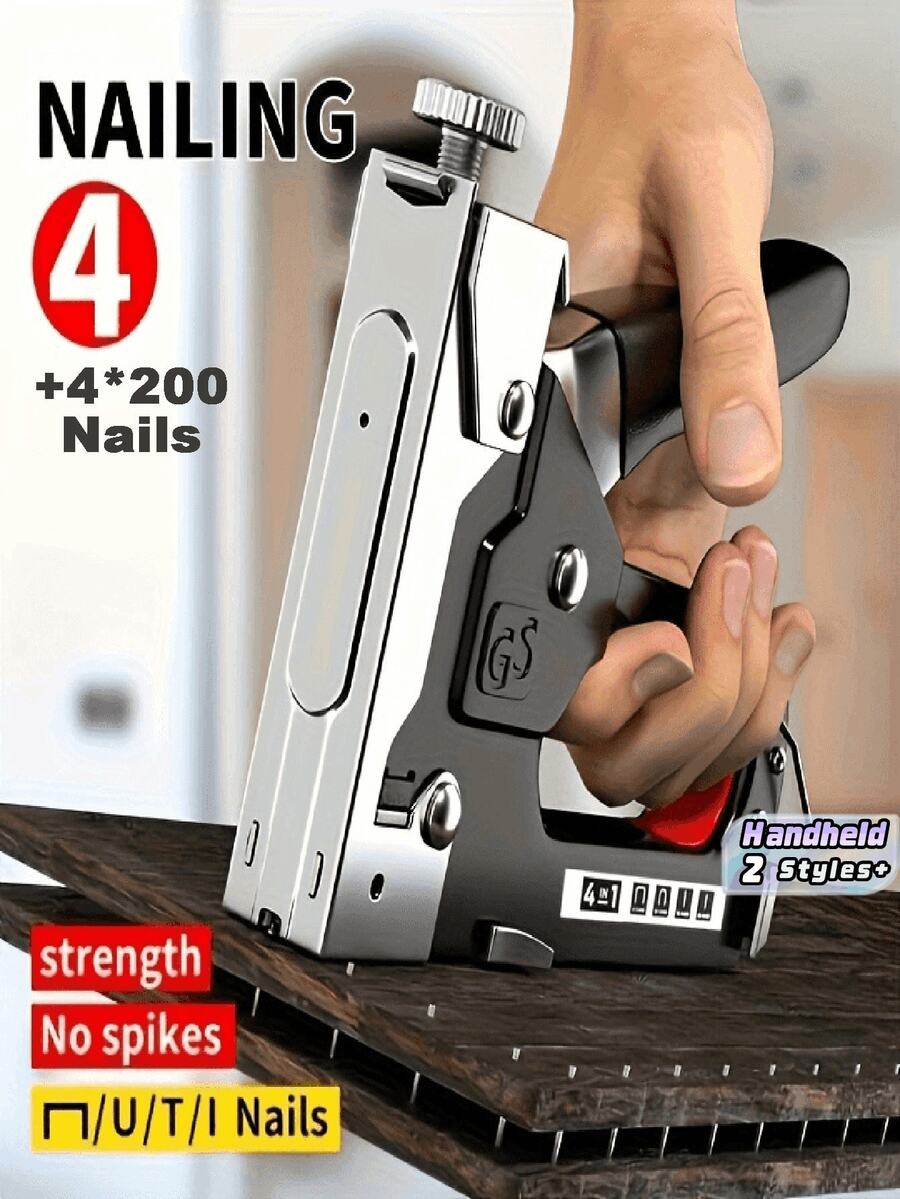 1Pc Multi-Functional 4-In-1 Heavy Duty Staple Gun, Manual Handheld Nailer, Iron Construction, Suitable For DIY Home Decor, Camping, And Industrial Use, Compatible With T-Type, U-Type, I-Type, And П-Type Staples.