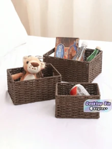 1/3PCS Retro Woven Multipurpose Storage Basket Entryway Desk Organizer Box For Snacks Cosmetics Home Use Home Decor Organization Storage Solution Gift - Coffee Brown - View 1