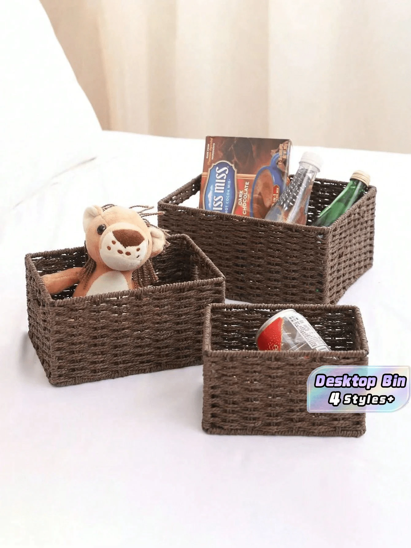 1/3PCS Retro Woven Multipurpose Storage Basket Entryway Desk Organizer Box For Snacks Cosmetics Home Use Home Decor Organization Storage Solution Gift - Coffee Brown - View 1