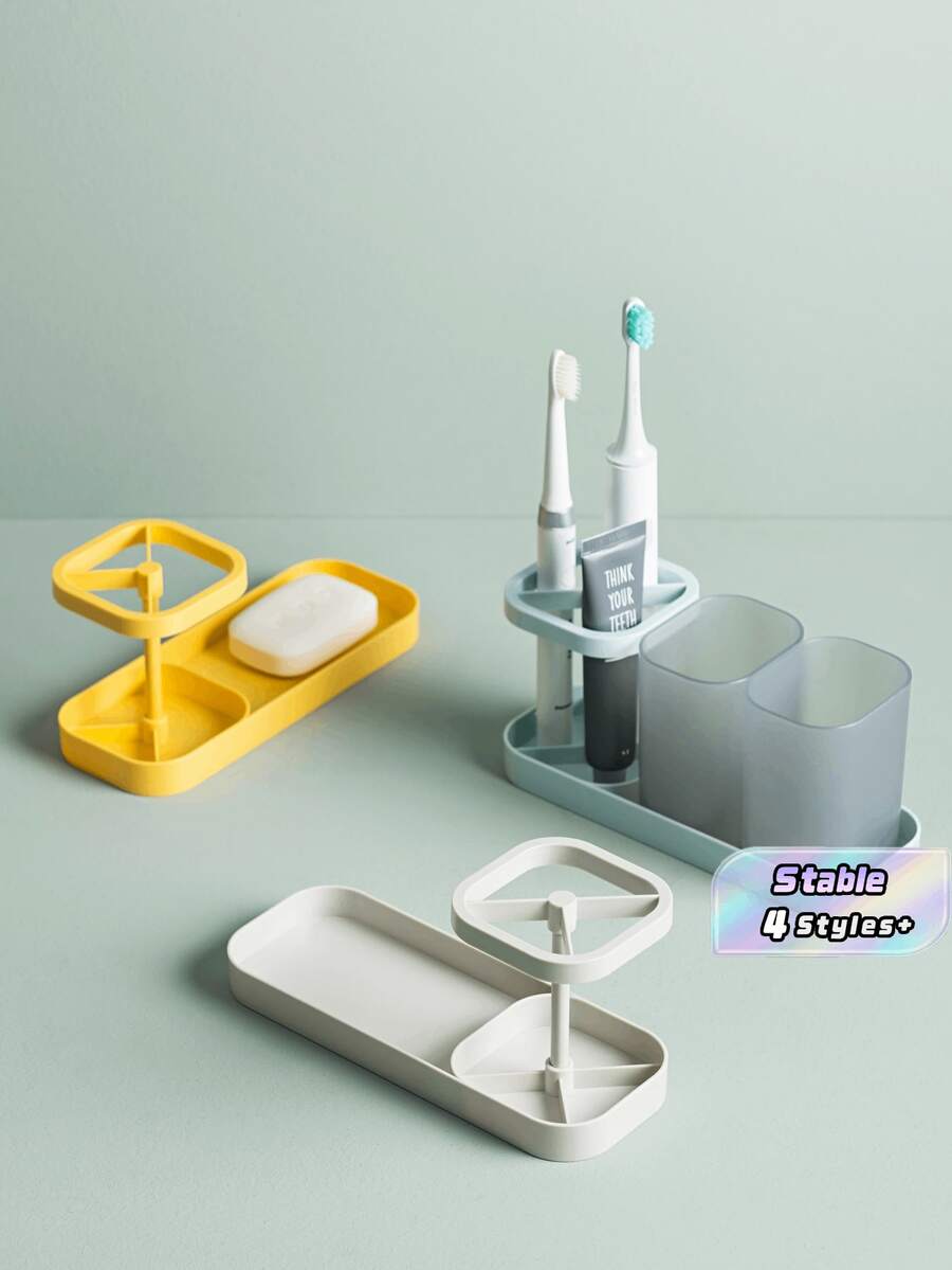 1Pc Couple Bathroom Storage Rack Multi Function Toothbrush Holder Wash Cup Stand Toiletry Organizer Household Bathroom Accessories Storage Shelf Suitable For Home Dormitory Hotel Restroom Couple Toiletries Arrangement Rack(Including Cups) - Multicolor - View 1