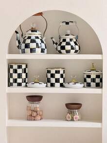 1 Set Includes 1 Black Plaid Teapot And 1 Canister. The Black Plaid Teapot Can Be Used For Brewing Coffee And Tea, While The Black Plaid Canister With Lid Is Ideal For Storing Coffee Beans And Tea Leaves. It Can Be Used As An Airtight Container, As Well As A Tabletop Decor For Holidays And Family Gatherings, Or As A Gift For Friends And Family. - Black Plaid - View 4