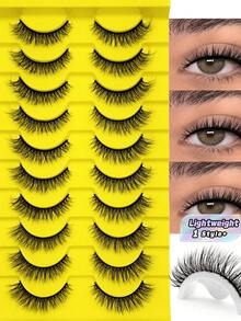 10 Pairs Fluffy Faux Mink False Eyelashes Natural Curly Soft Lightweight Reusable Thin Black Band Lashes For Daily Makeup - Natural Lashes - View 1