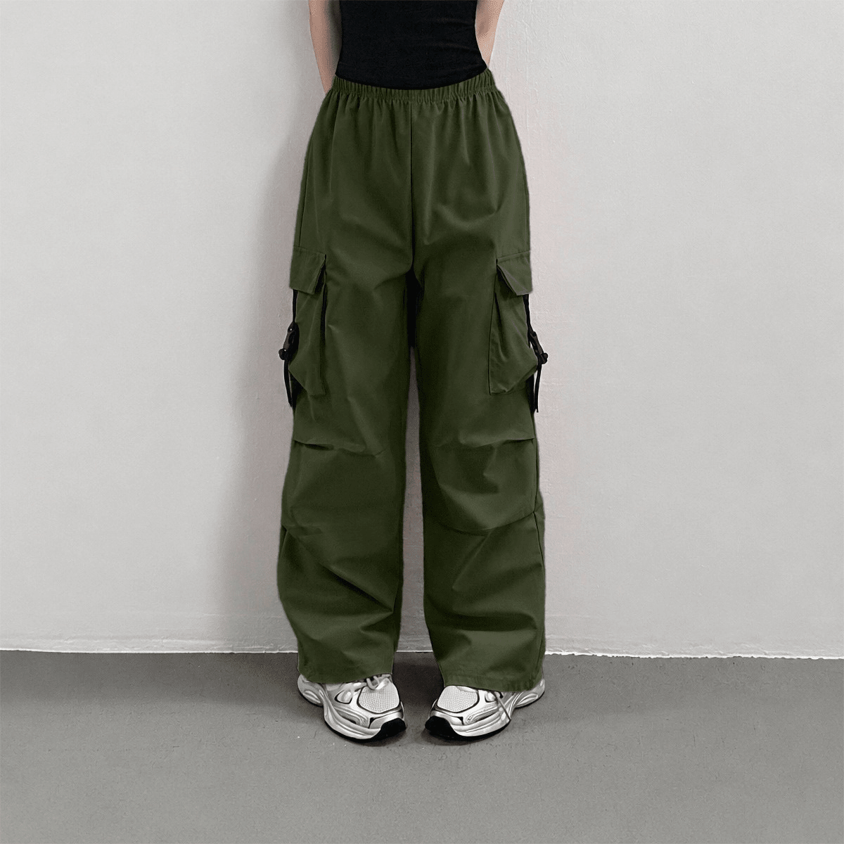 Pantalones cargo casuales sueltos de cintura elástica de unicolor para niñas preadolescentes