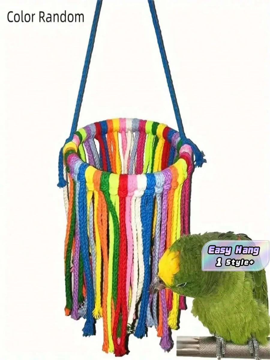 1pc Colorful Rope Parrot Chewing Toy And Swing Ring Bird Cage Decor With Vibrant Striped Design Durable Fabric For Beak Health Mental Stimulation Small Parakeet Conure Cockatiel - Multicolor - View 1