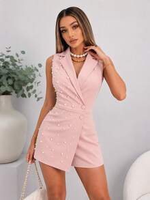Jumper short con simulación falda tipo Blazer cruzado, con detalles de perlas y botones, elegante, femenino. - Rosa - Ver 1
