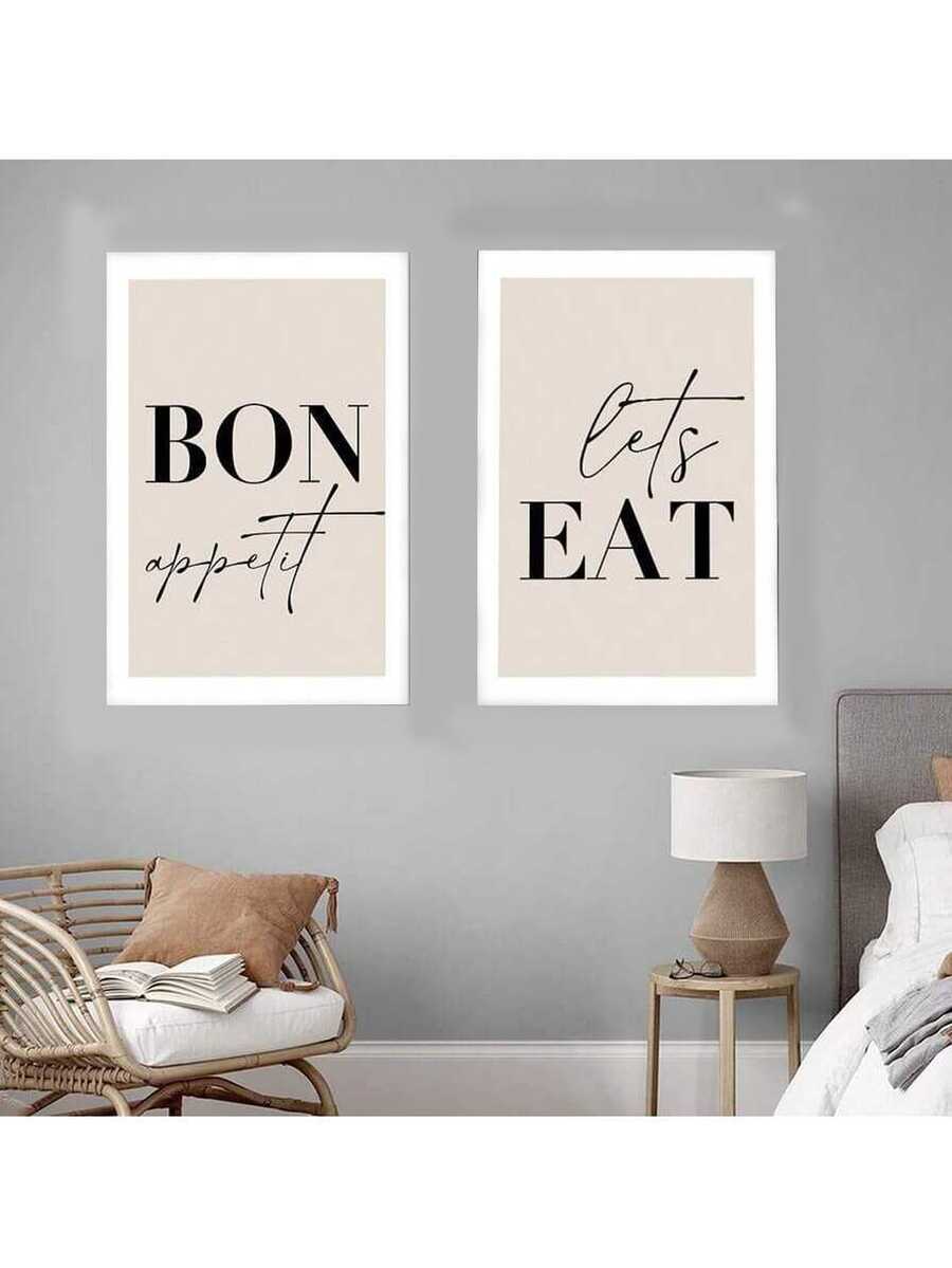 1件隨機款式 牆面裝飾藝術 經典現代帆布藝術版畫「Bon Appetit」與「Let's Eat」語錄海報,室內外通用,適合客廳,縱向構圖,春秋季節藝術品 - 文字海報 - 查看 1