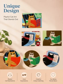 Joivida Fun Cat Print Posters, Frameless Cute Cartoon Cat Wall Decorations, Home Decorations, Party Decorations, Bohemian Wall Decorations, Aesthetic Room Decorations, Office Wall Decorations, Holiday Birthday Gifts - multicolor - View 9