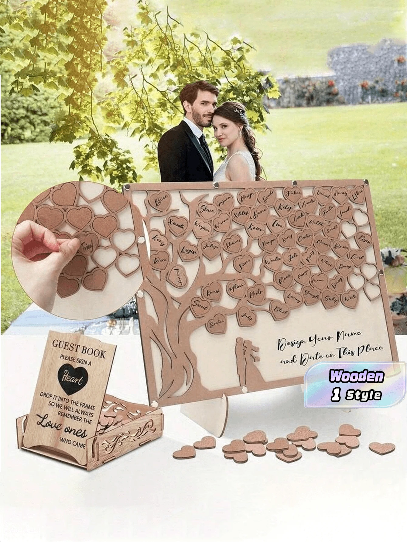 一套婚礼宾客签名册替代品,婚礼招待会宾客签名册,带木质心形标志的宾客签名册,适用于结婚纪念日和生日派对 - 多色 - 查看 1