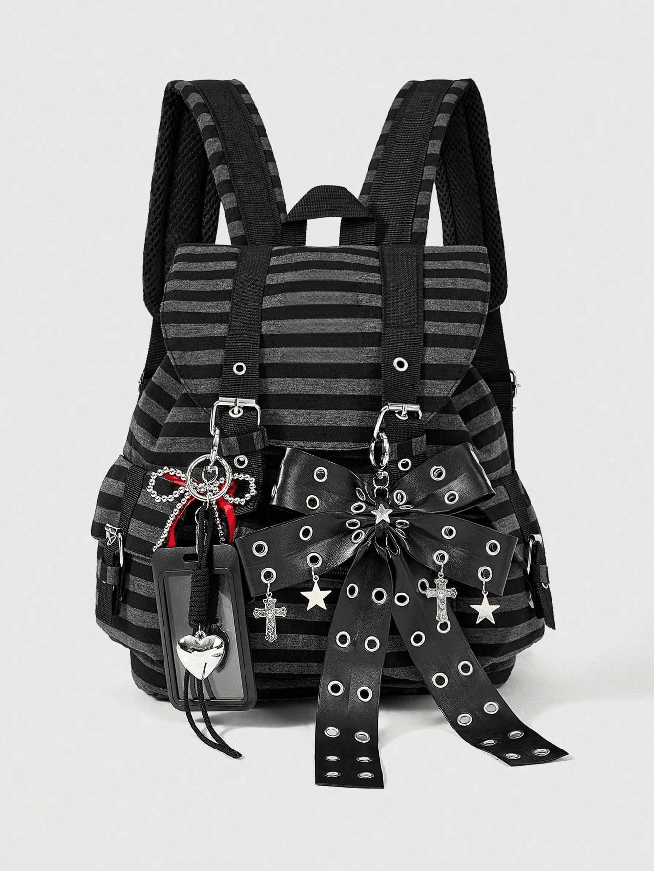 Anime 1Pc Y2K Punk Academy Wind Striped Drawstring Backpack-Rhinestone Cross Rivet Bow With Card Holder Cross Pendant Large Capacity Multi-Pocket Flip Backpack, Suitable For School And Daily Use, Commuting, Shopping, Travel, Etc