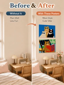 Joivida Fun Cat Print Posters, Frameless Cute Cartoon Cat Wall Decorations, Home Decorations, Party Decorations, Bohemian Wall Decorations, Aesthetic Room Decorations, Office Wall Decorations, Holiday Birthday Gifts - multicolor - View 8