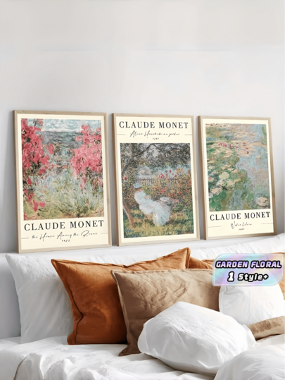 3PCS Claude Mone Inspired Impressionist Garden Floral Landscape Canvas Unframed Wall Art Poster Set Aesthetic Vibrant Colors For Living Room Dorm Bedroom Office Decoration Home Decor Gift