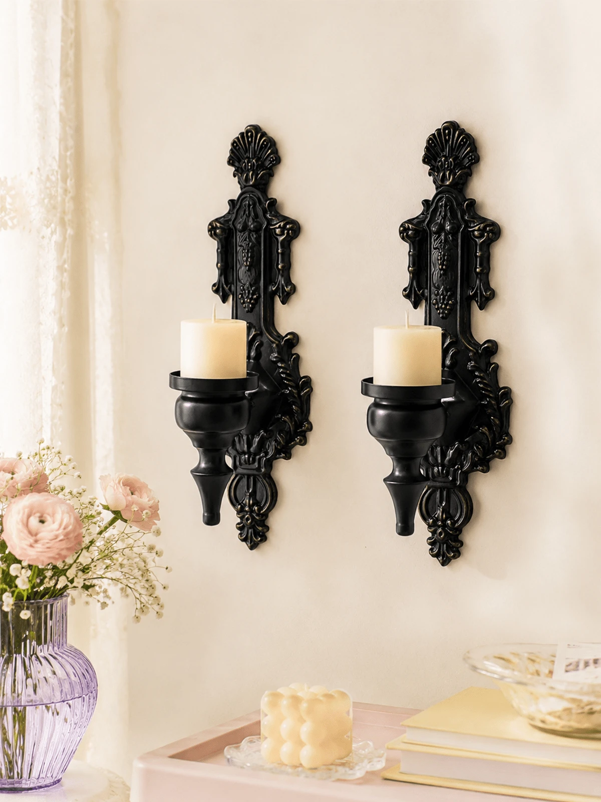 Cirelle 2PCS Retro Wall Mounted Candle Holder, Decorative Antique Wall Mounted Aromatherapy Base, Wall Art Decoration, Retro European Candle Holder, Rural Style Home Atmosphere Decoration, Holiday Birthday Gift - multicolor - View 1