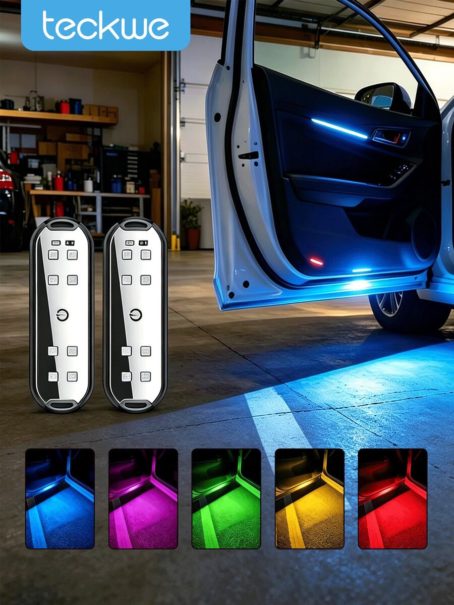 Teckwe 2 LED Door Warning Lights With 7 Colors Flashing, Ambient Lights, Safety Lights, Wireless And Wireless Installation, Convenient For Night Decoration Lights, 150mAh Rechargeable Lithium Battery; Equipped With USB Data Cable - 2 pieces door opening light - View 1