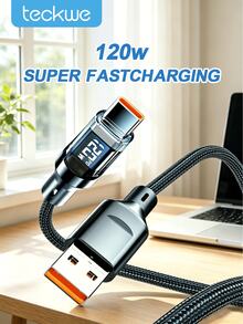 Teckwe 1PC 120W Super Fast Charging USB A To Type-C Cable With LED Digital Display, Dual Type-C Ports, Compatible With Phone 15/16, Hei,Honor Charging Cable - Multicolor - View 1