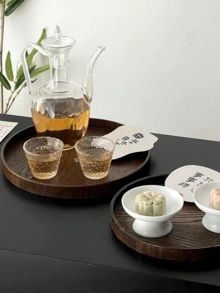 1/4件裝圓形高級原木天然棕色餐盤，適用於派對自助餐、餐廳、居家咖啡茶吧、廚房使用，耐用粗獷風 - 紫紅色 - 查看 5