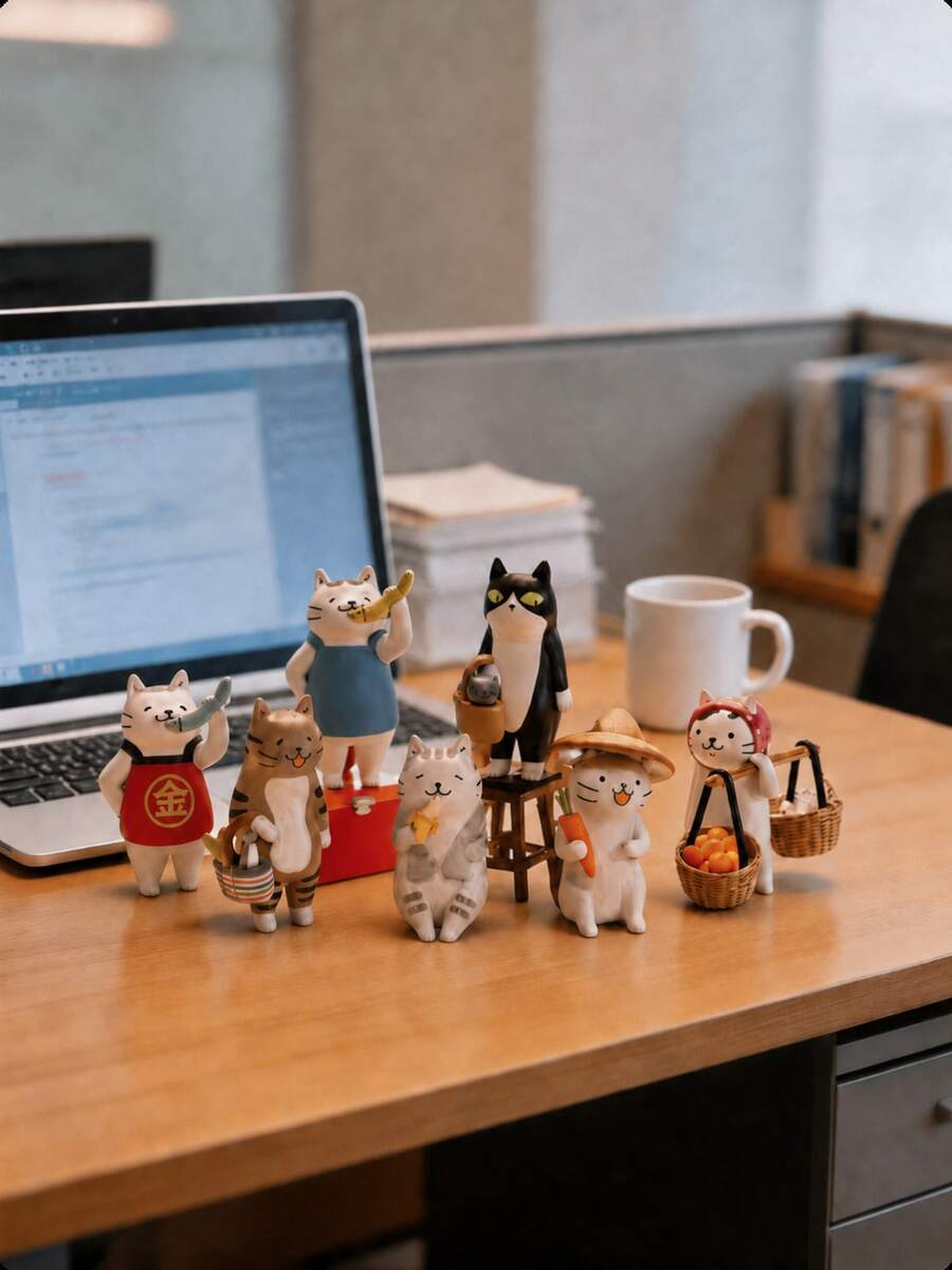 superFUNNYmarket 1/2/3Pcs Random Combination Japanese Style Cat Ornaments, Super Cute Cat Dalang And Miss Cat Design, Market Themed Doll Figures, Fun Boxed Desktop Decorations - multicolor - View 1