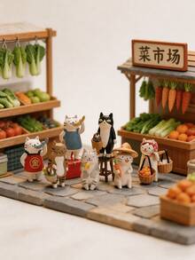 superFUNNYmarket 1/2/3Pcs Random Combination Japanese Style Cat Ornaments, Super Cute Cat Dalang And Miss Cat Design, Market Themed Doll Figures, Fun Boxed Desktop Decorations - multicolor - View 2