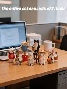 superFUNNYmarket 1/2/3Pcs Random Combination Japanese Style Cat Ornaments, Super Cute Cat Dalang And Miss Cat Design, Market Themed Doll Figures, Fun Boxed Desktop Decorations - multicolor - View 8