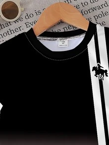 SHEIN Coolqubz 2件套幼儿男童夏季黑白渐变条纹马图案印花T恤和短裤套装，时尚运动休闲日常穿搭 - 彩色 - 查看 5