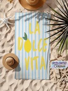 1件 LaDolceVita 淺藍條紋黃色檸檬圖案義大利復古勵志語錄復古沙灘巾，柔軟快乾超細纖維，生日、節日派對、情人節、週年紀念、母親節的完美禮物 - 彩色 - 查看 1